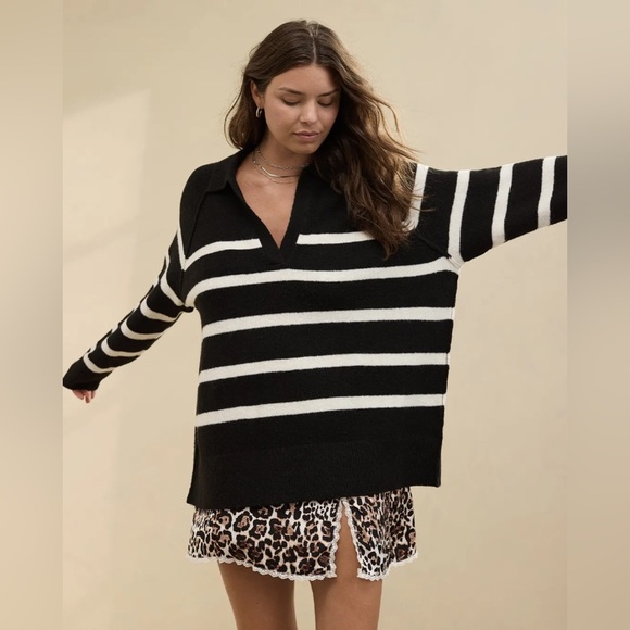 Aerie Women Sweater Small Black Whit Stripe Oversized Slouchy Polo Nautical - Picture 2 of 8